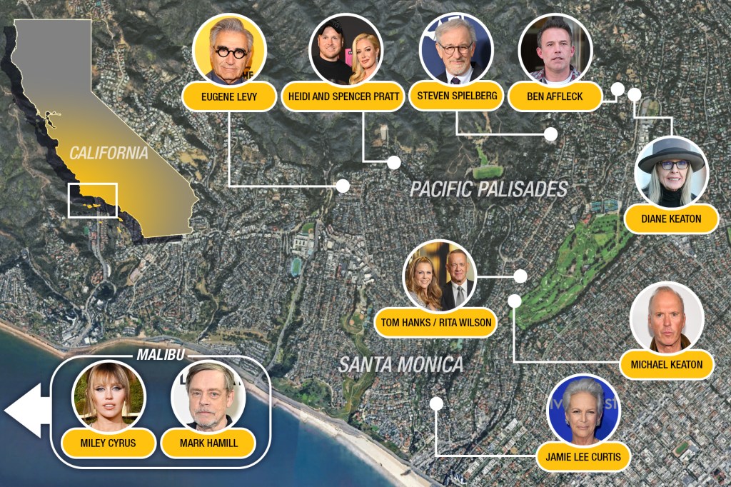 Map showing several other celebrities who have been affected by the LA wildfires.