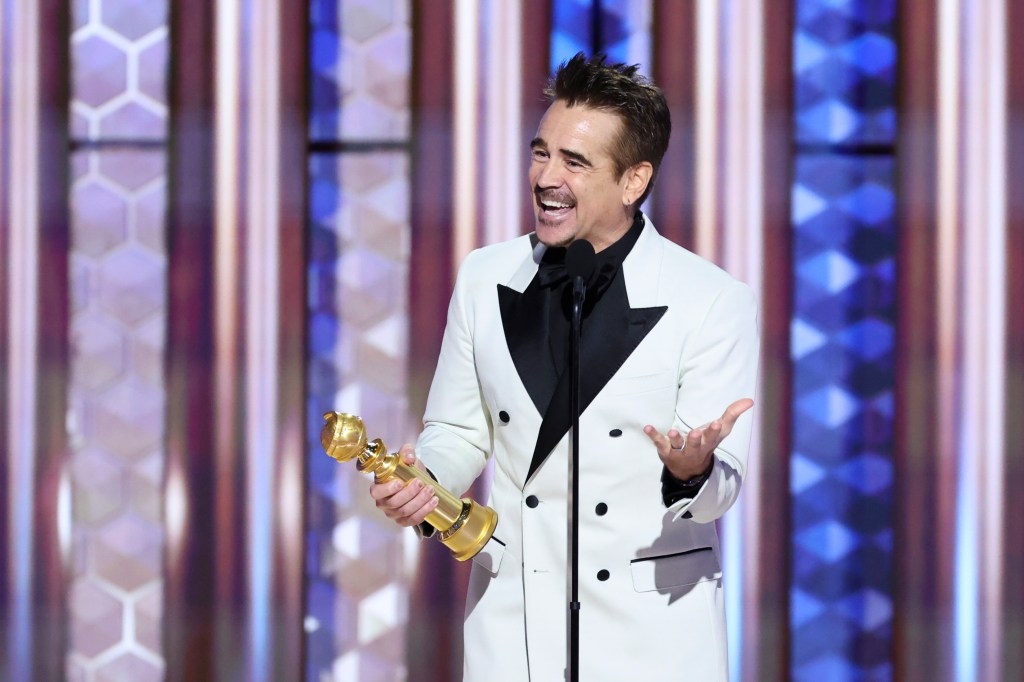 Colin Farrell winning a 2025 Golden Globe for "The Penguin." 