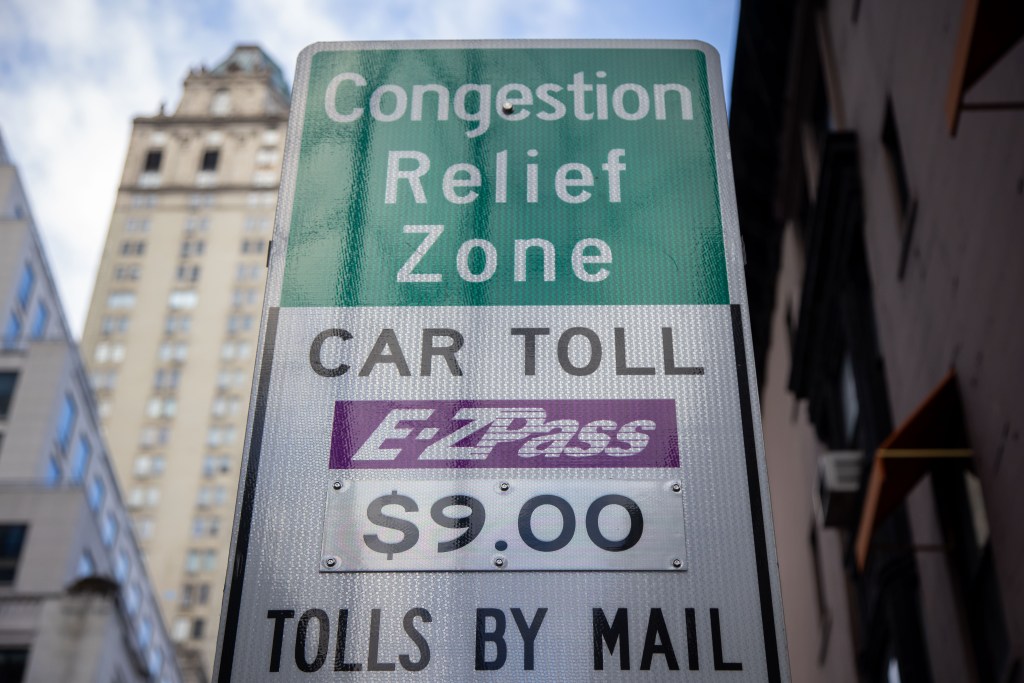 Congestion pricing toll signage during the first day of congestion pricing on Sunday, January 5, 2025.