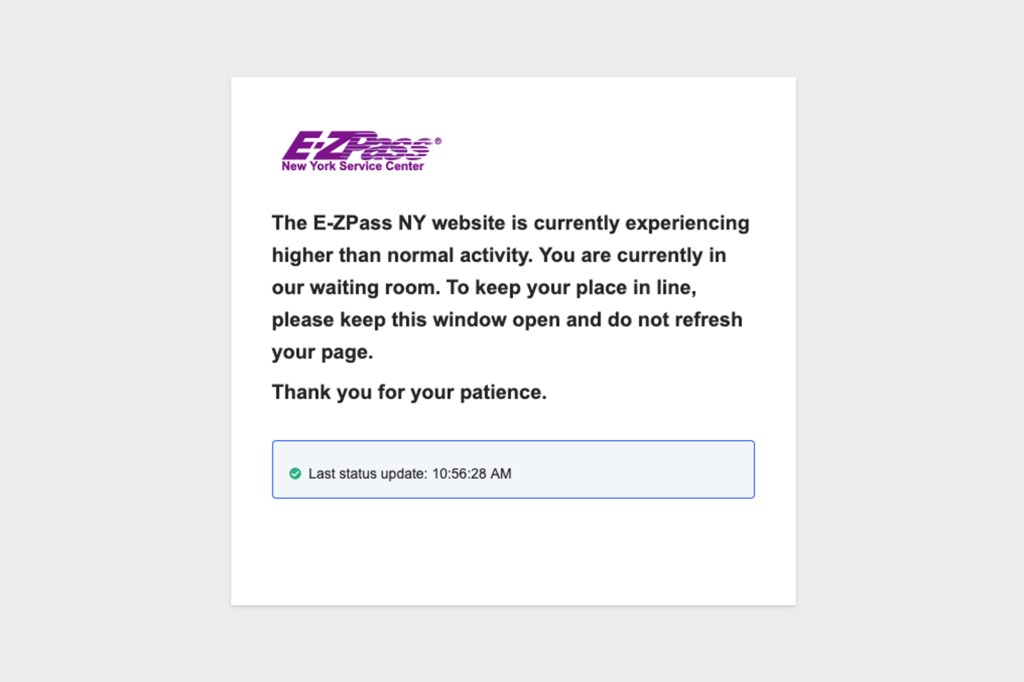 An error message on NY's E-ZPass site.