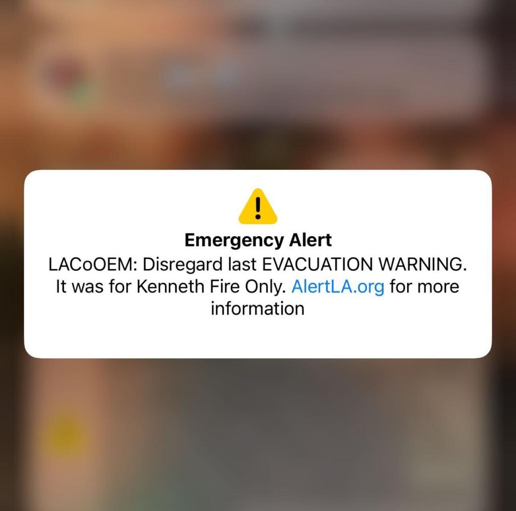 A correction alert was issued minutes later: “Disregard last EVACUATION WARNING. It was for Kenneth Fire Only.”