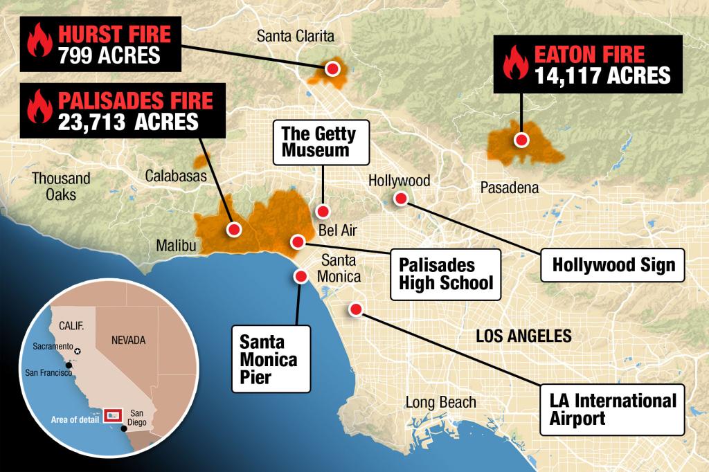 The three fires still burning in LA as of Tuesday — Hurst, Palisades and Eaton — and the acreage they have burned.