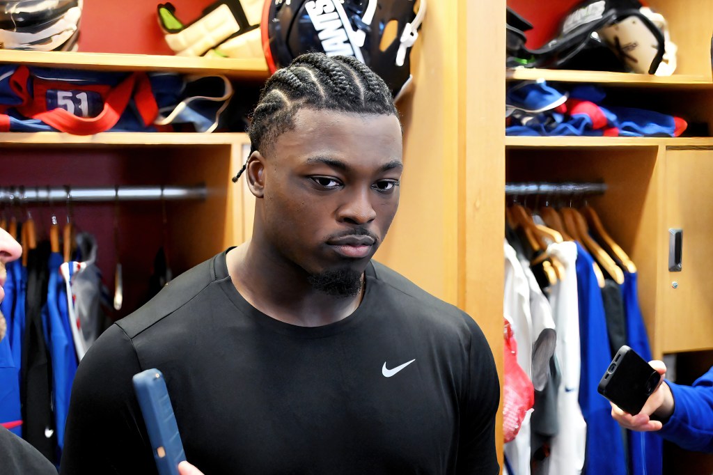 Giants linebacker Azeez Ojulari talks to the media after practice in East Rutherford, N.J. in October.