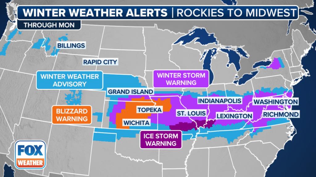 A map of the United States illustrating current winter weather alerts with different colored areas