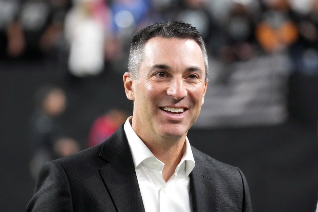 Raiders general manager Tom Telesco reacts during the game against the Atlanta Falcons