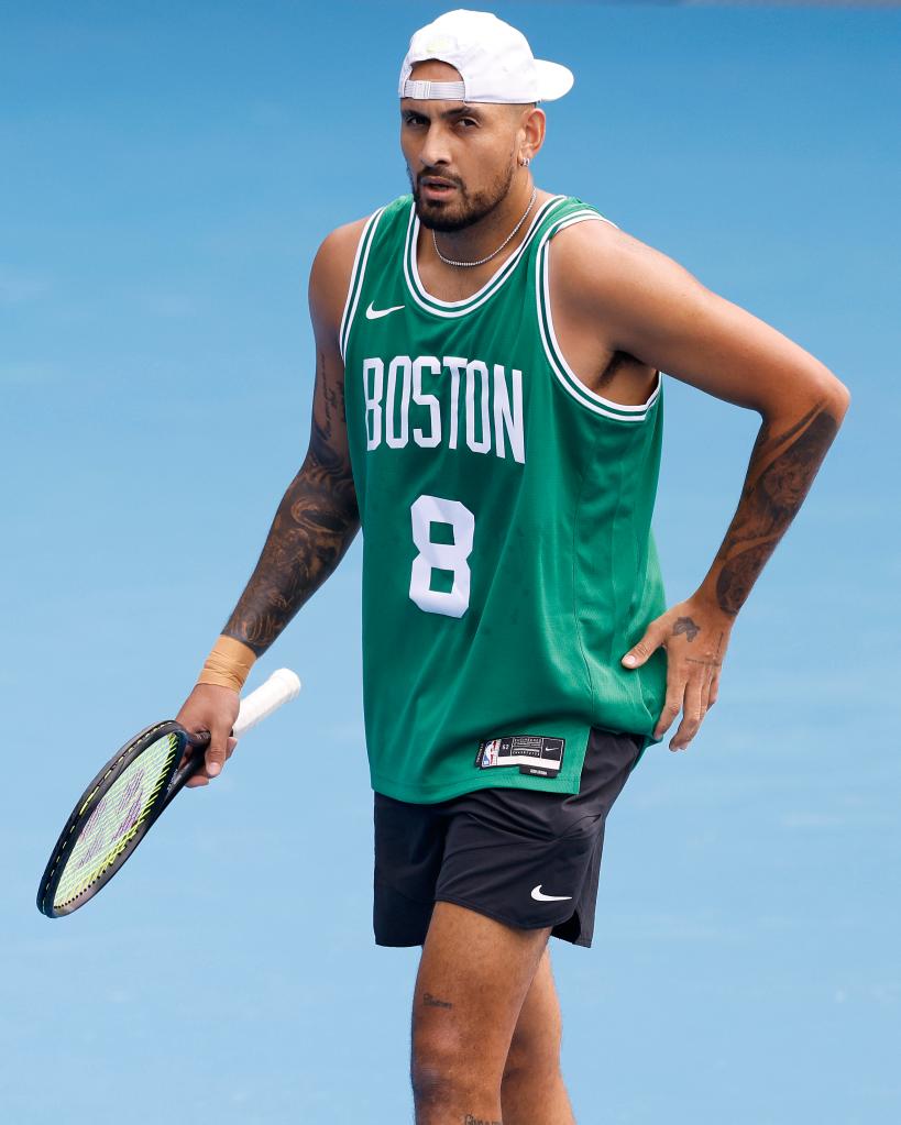 Nick Kyrgios of Australia holding a tennis racket during a practice session for the 2025 Australian Open