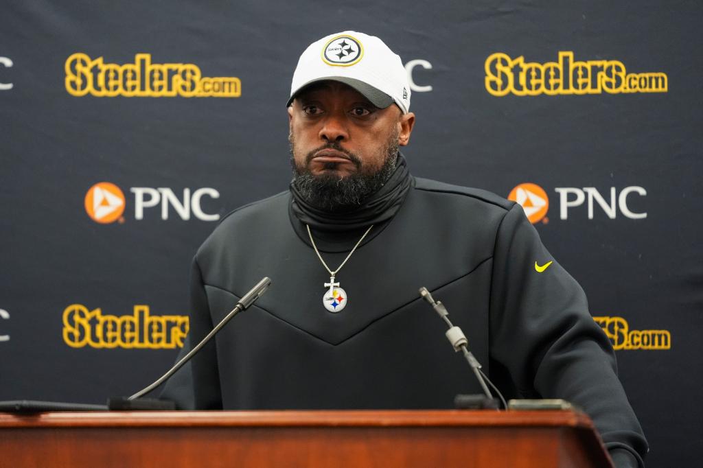 Mike Tomlin speaks to the media after the Steelers-Ravens game on Jan. 11, 2025.