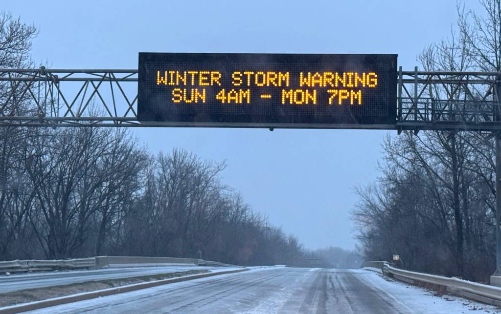 Snow falling on Browns Station Way in Clarksville, Indiana, during a significant winter storm