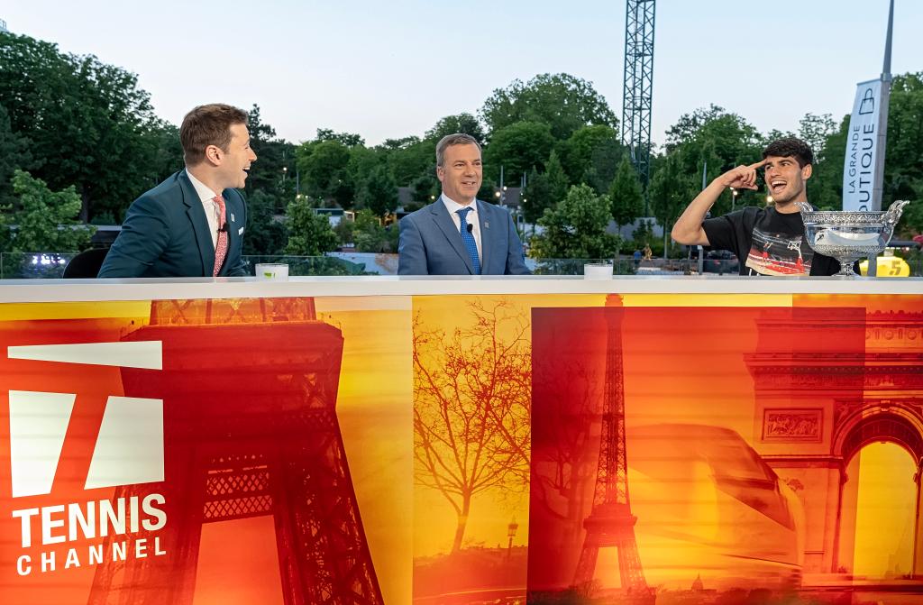 Steve Weissman and Jon Wertheim interviewing Carlos Alcaraz after his Men's Singles Championship win at Roland Garros 2024.