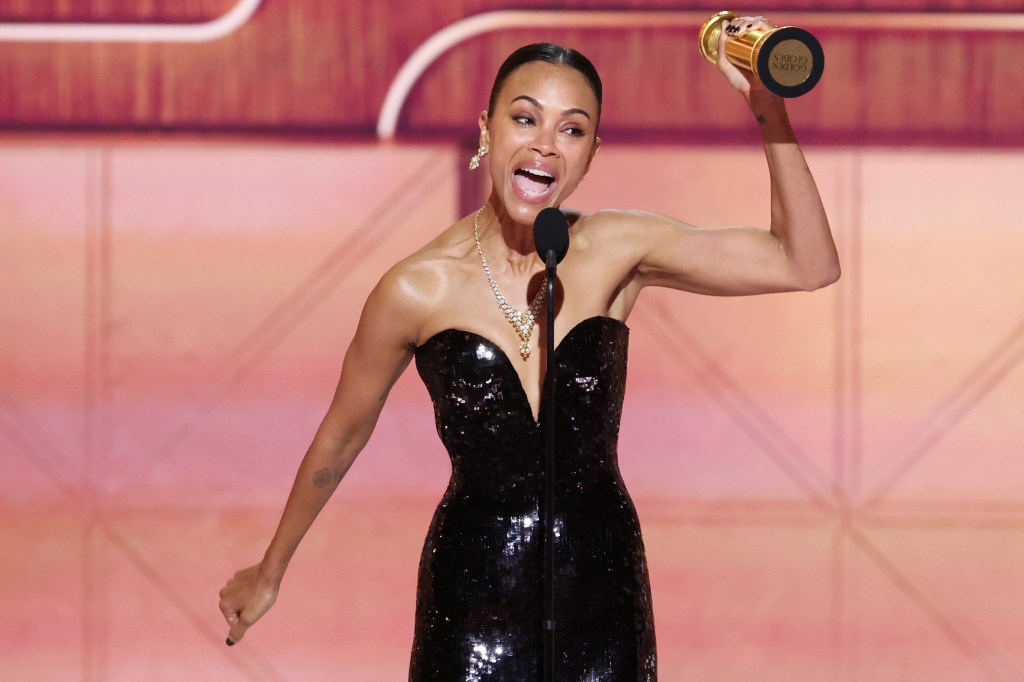 Zoe Saldana winning at the 2025 Golden Globes. 