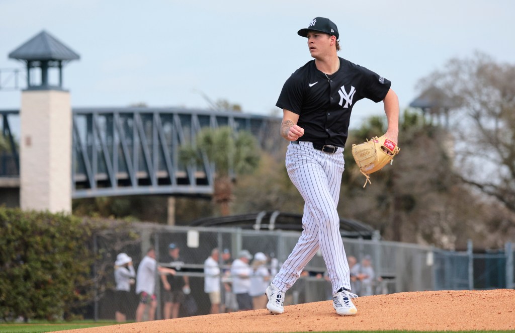 New York Yankees pitcher Chase Hampton #86, pitching in a simulated game during practice at Steinbrenner Field, the Yankees Spring training complex in Tampa Florida