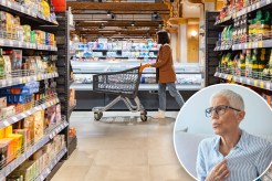 Supermarket aisle, woman having hot flash inset