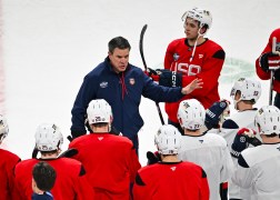 Head coach Mike Sullivan of the United States gives directions to the team at practice during media day ahead of the 2025 NHL 4 Nations Face-Off at the Bell Centre on February 11, 2025 in Montreal, Quebec, Canada.