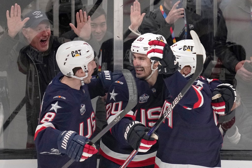 United States' Chris Kreider, center, is congratulated after his goal against Sweden during the first period of a 4 Nations Face-Off hockey game, Monday, Feb. 17, 2025