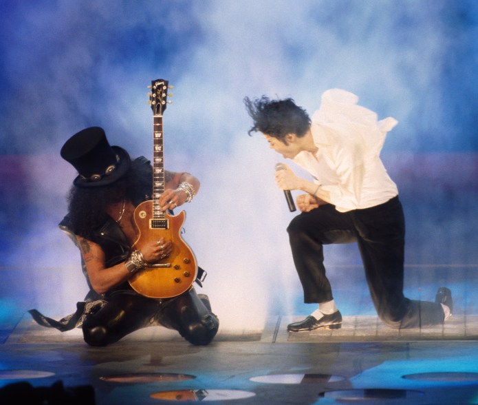 Slash of 'Guns and Roses' and Michael Jackson performing onstage at the 1995 Video Music Awards in Los Angeles, CA on September 7, 1995. (Photo by Frank Micelotta/ImageDirect/Getty Images)