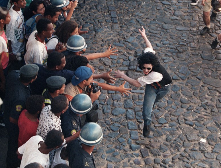 (FILES) US pop star and entertainer Michael Jackson during the filming of his video 'They don't care about us' Febuary 10, 1996, in salvador. Michael Jackson died on June 25, 2009 after suffering a cardiac arrest, sending shockwaves sweeping across the world and tributes pouring in on June 26 for the tortured music icon revered as the "King of Pop." AFP PHOTO/Antonio SCORZA (Photo credit should read ANTONIO SCORZA/AFP/Getty Images)