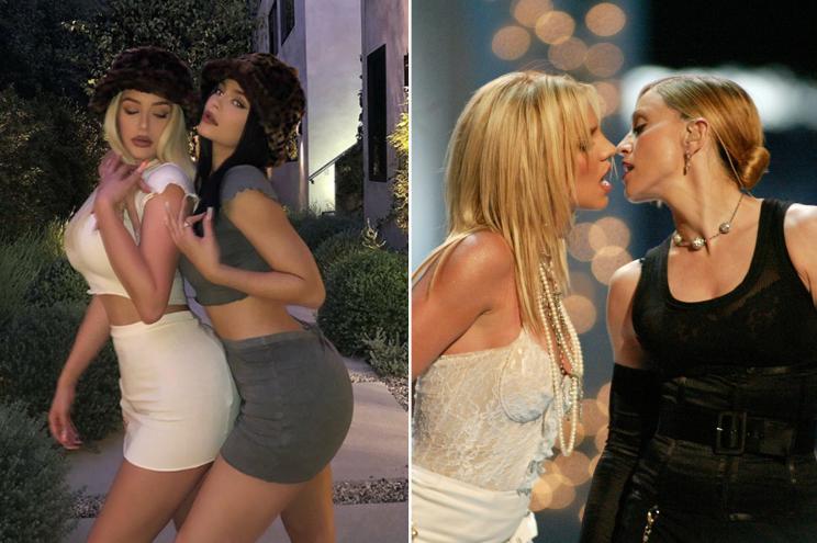 Kylie Jenner and Stassie Karanikolaou (L) and Britney Spears and Madonna at the 2003 MTV VMAs (R)