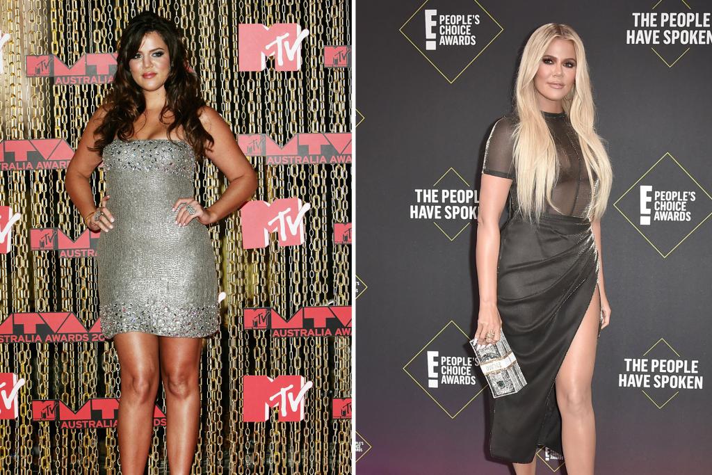 Khloe Kardashian in 2008 (L) and in 2019