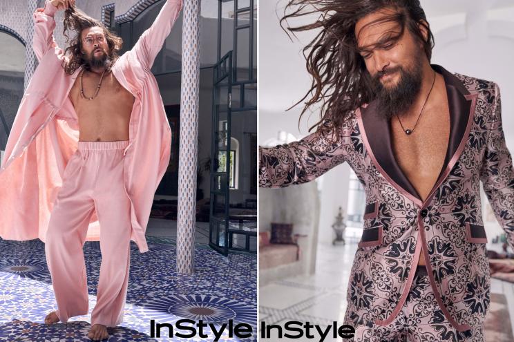 Jason Momoa wears a slew of pink clothes and discusses his love of the color for InStyle.