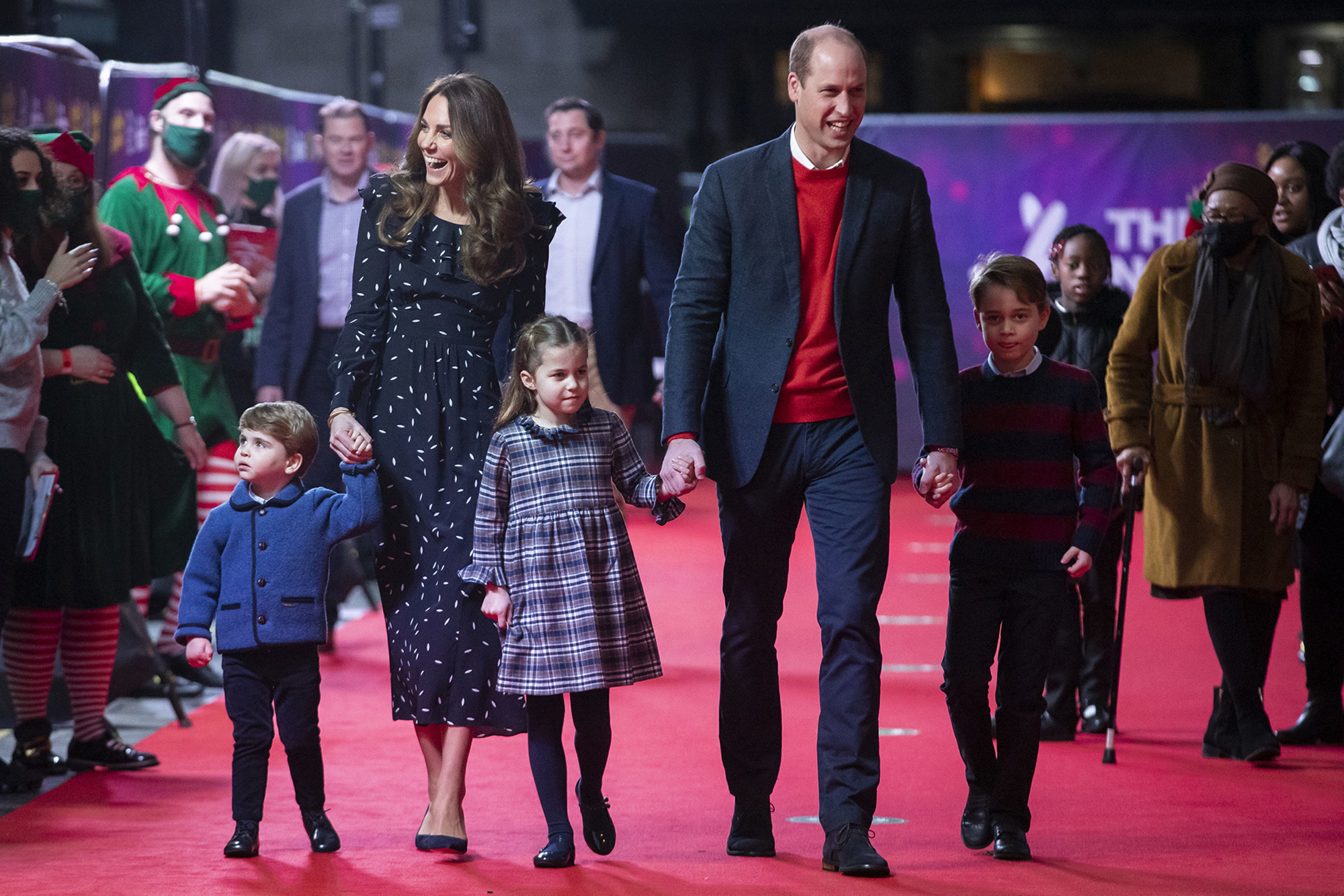 (From left) Prince Louis, Kate Middleton, Princess Charlotte, Prince William, and Prince George step out in December 2020.