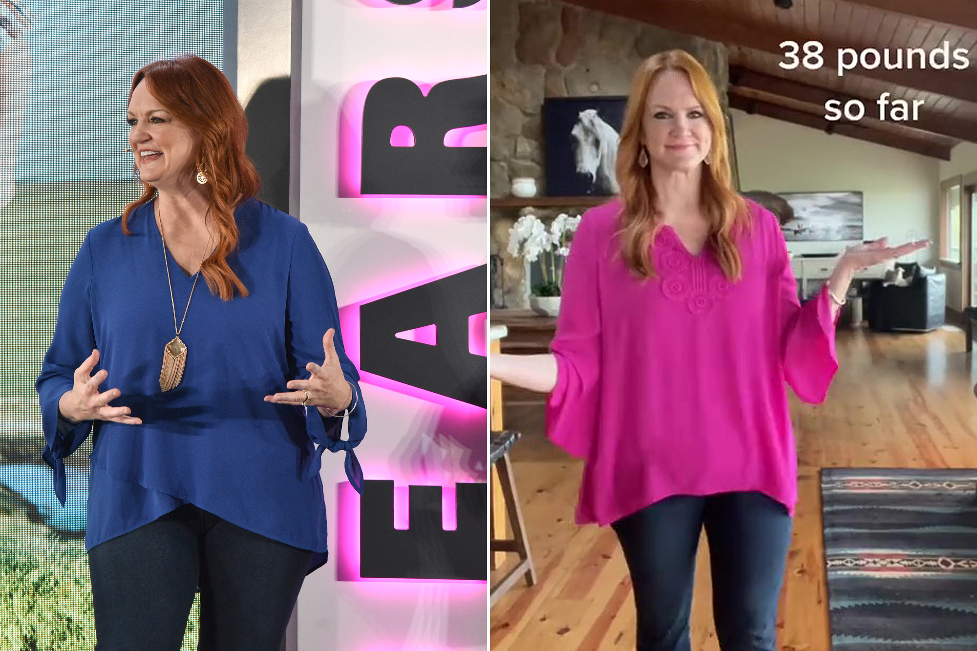 Composite of "Pioneer Woman" star Ree Drummond in 2017 (left) and 2021 (right).