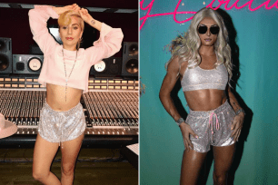 Lady Gaga wearing Juicy Couture x Swarovski shorts in 2017, and Just Jamie in the same style in 2021