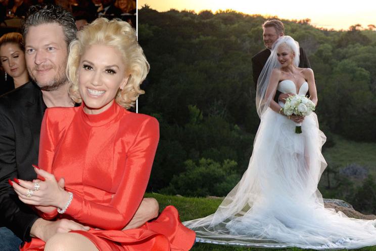 Left: Blake Shelton and Gwen Stefani in 2016. Right: Gwen and Blake on their wedding day