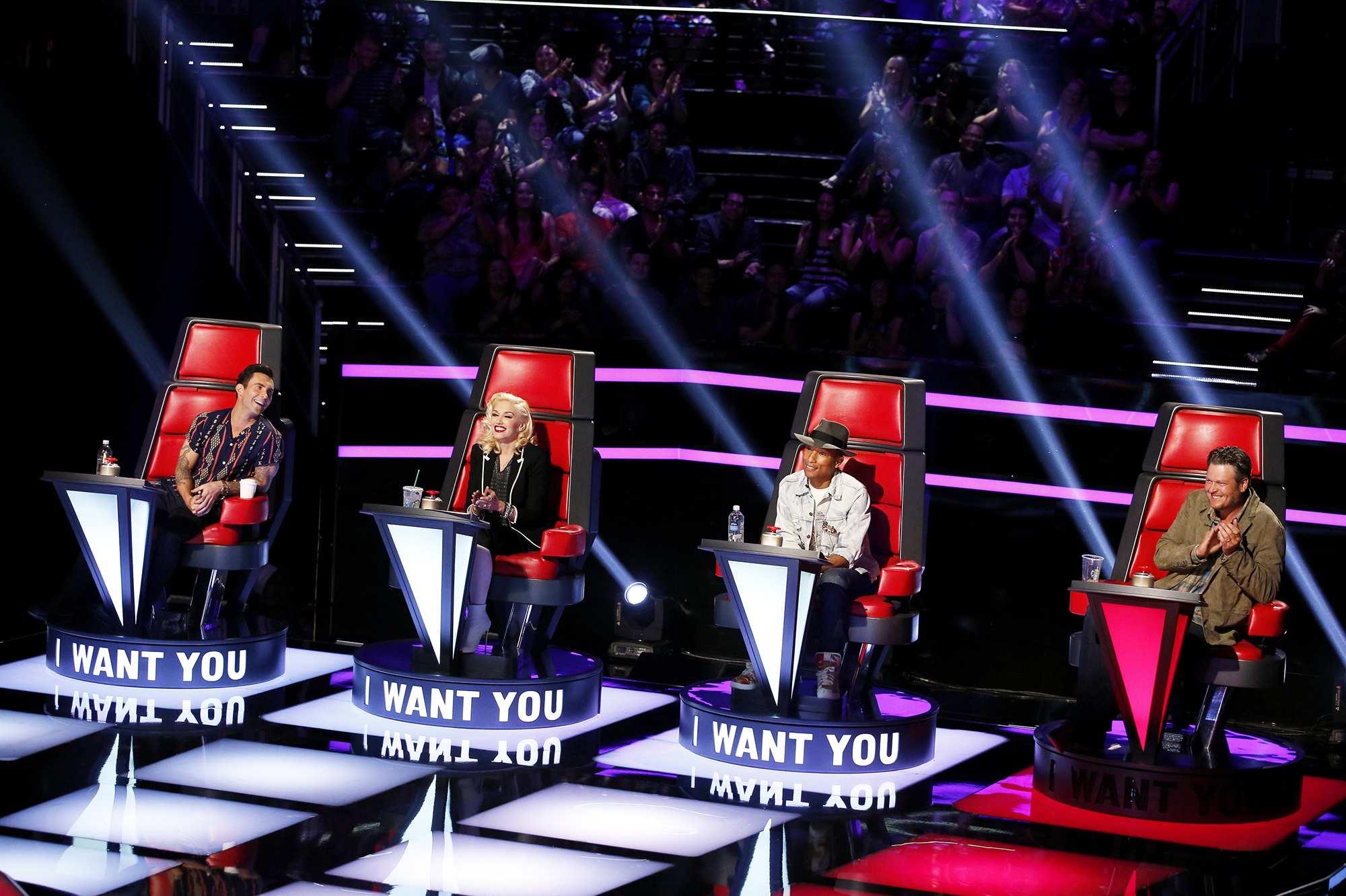 Adam Levine, Gwen Stefani, Pharrell Williams and Blake Shelton appear on "The Voice."