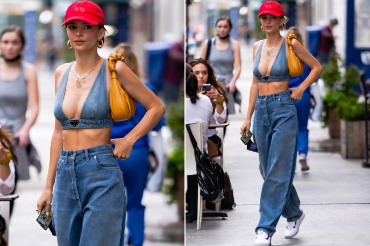 Emily Ratajkowski wearing an all-denim Prada outfit.