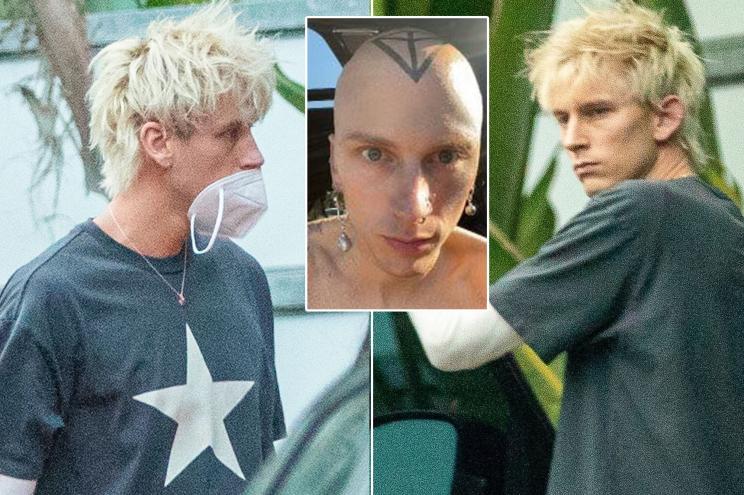 Machine Gun Kelly's mullet-style blond hair, plus the shaved look for his "Papercuts" music video