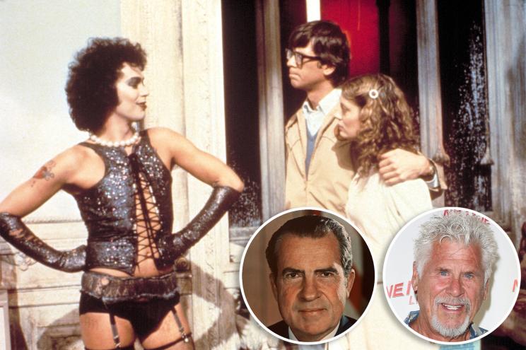 Tim Curry, Barry Bostwick and Susan Sarandon in "The Rocky Horror Picture Show" with insets of Richard Nixon and Bostwick.