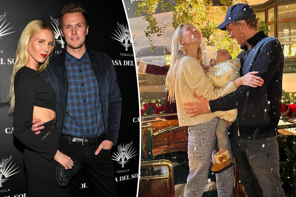 A split of Barron Hilton and Tessa Gräfin von Walderdorff posing on a red carpet and holding their daughter.