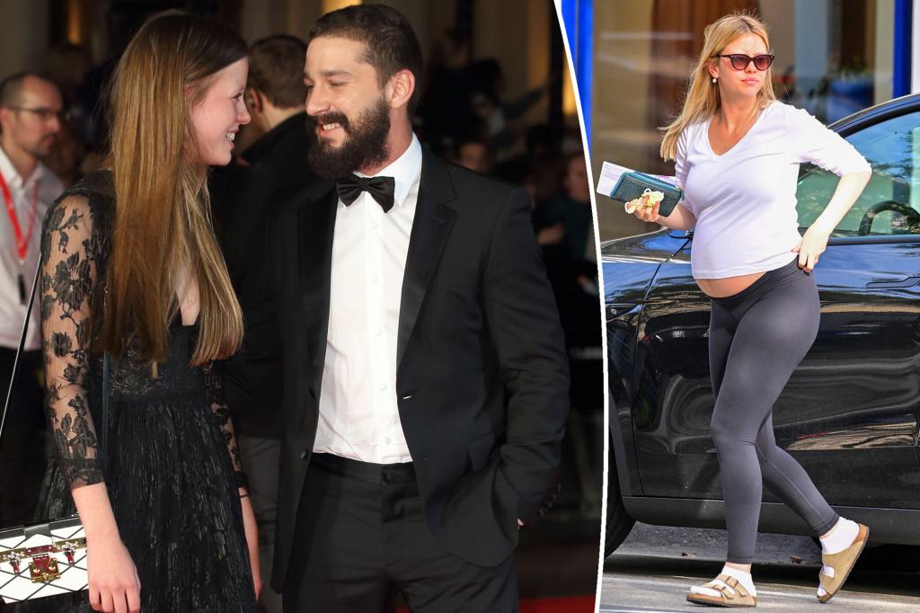 Shia LeBeouf and ia Goth with a split of Mia Goth pregnant.