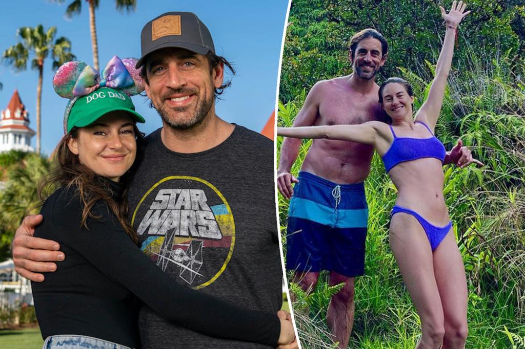 A split of Shailene Woodley and Aaron Rodgers hugging and hiking.