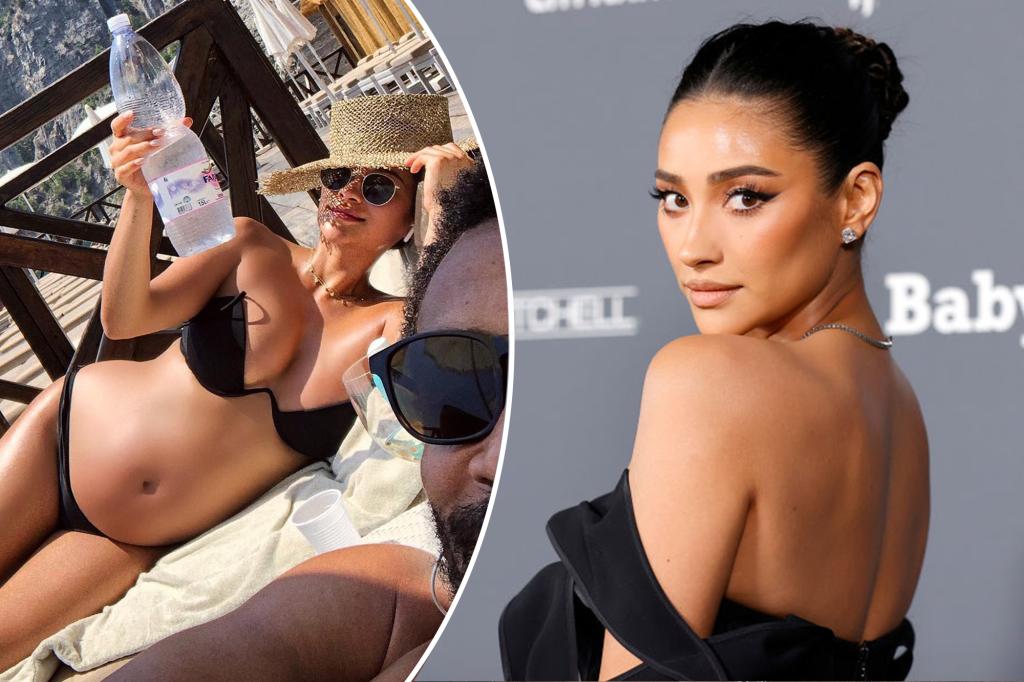 A split of Shay Mitchell pregnant on a beach and posing on a red carpet.