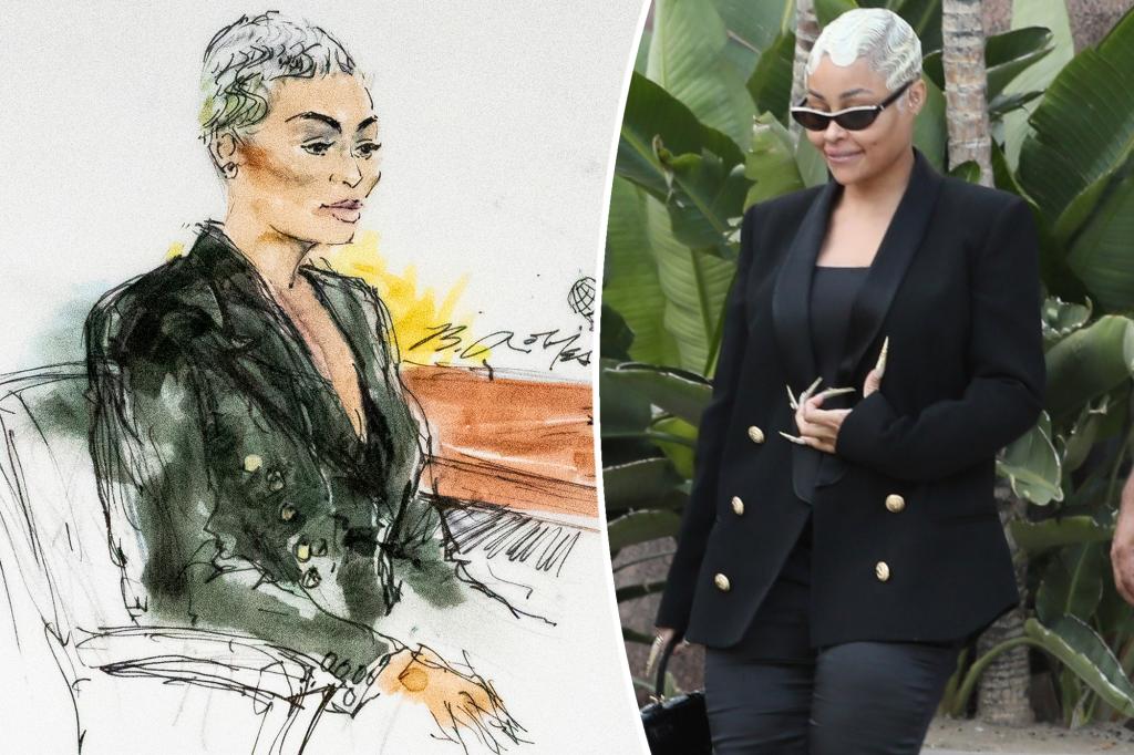 A split of a drawing of Blac Chyna in court and a photo her walking into the courtroom.