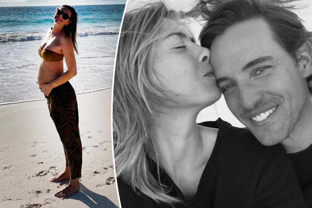 A split image of Maria Sharapova showing her baby bump and the tennis star with fiancé Alexander Gilkes.