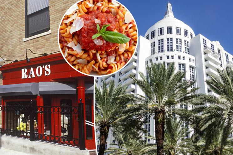 Composite image of Rao's in Harlem, one of its signature pasta dishes and the Loews Hotel Miami Beach.