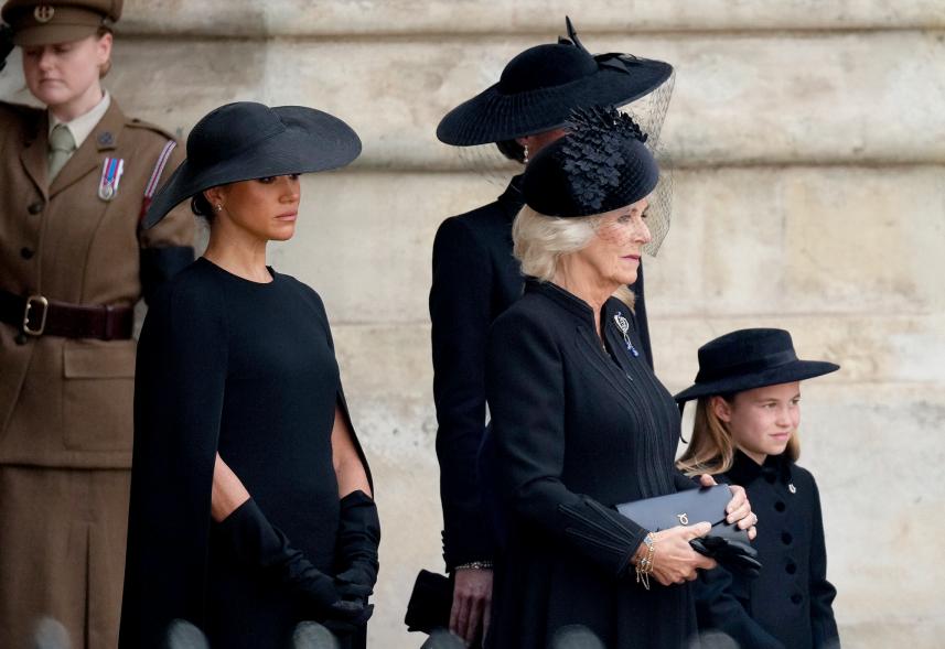 Meghan Markle, Queen Consort Camilla and Princess Charlotte at Queen Elizabeth II's funeral.