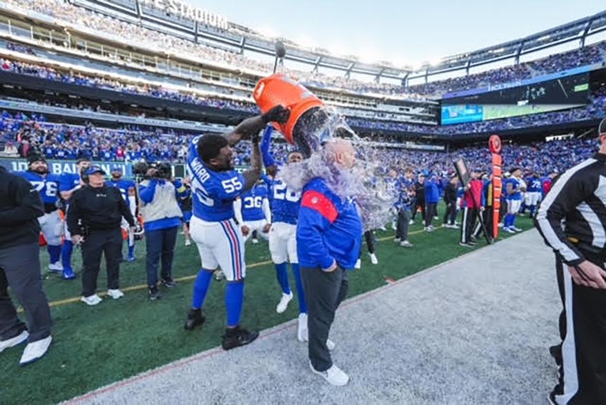 The New York Giants celebrating after beating the Indianapolis Colts.