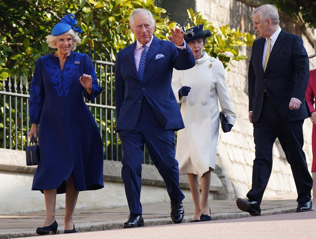 Queen Camilla, King Charles, Princess Anne and Prince Andrew walking together.