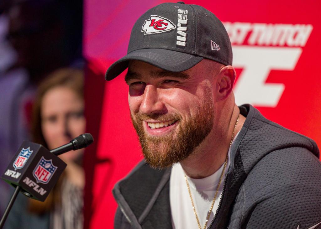 Kansas City Chiefs tight end Travis Kelce (87) speaks to the media during the NFL Super Bowl LVII Opening Night on Monday, February 6th, 2023