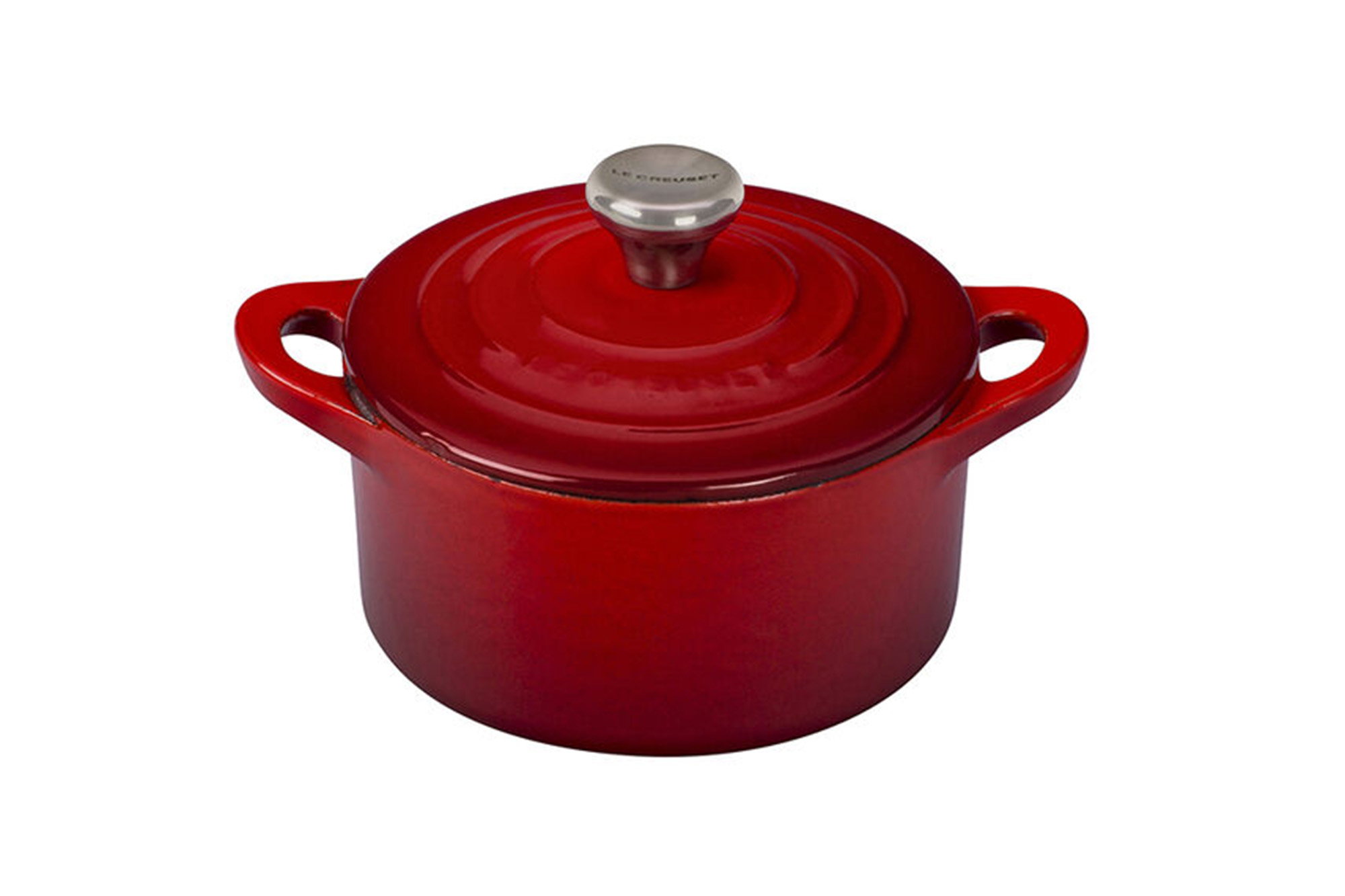 A Le Creuset red mini dutch oven