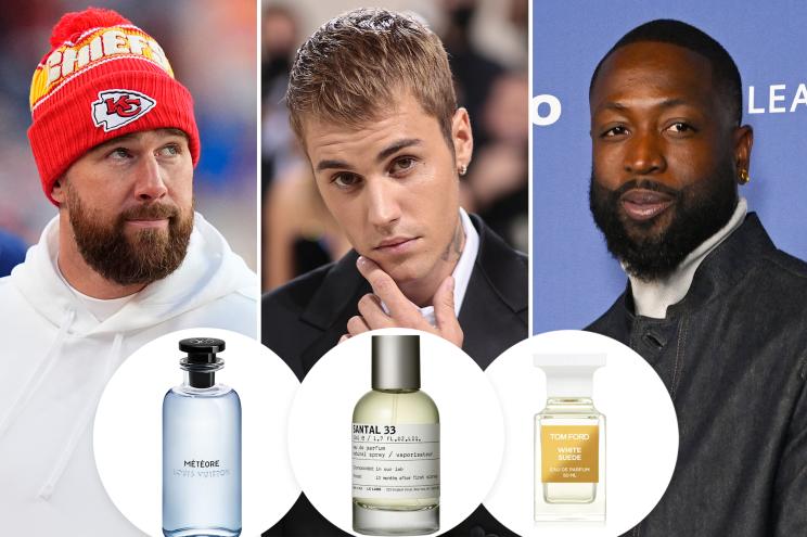 Travis Kelce, Justin Bieber and Dwayne Wade with insets of colognes