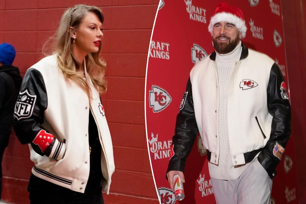 Taylor Swift and Travis Kelce wearing matching jackets