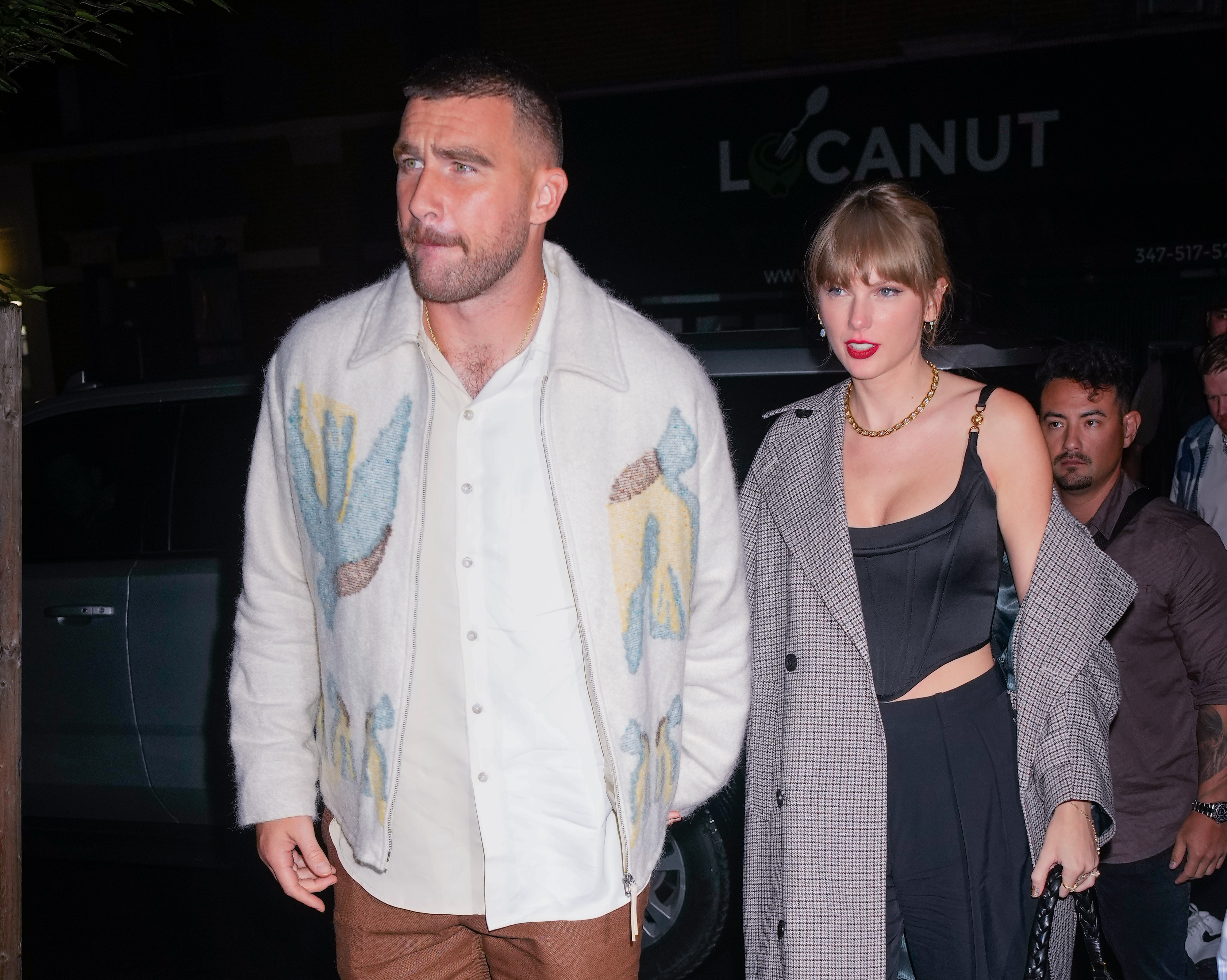 Travis Kelce and Taylor Swift arrive at SNL Afterparty on October 15, 2023 in New York City.