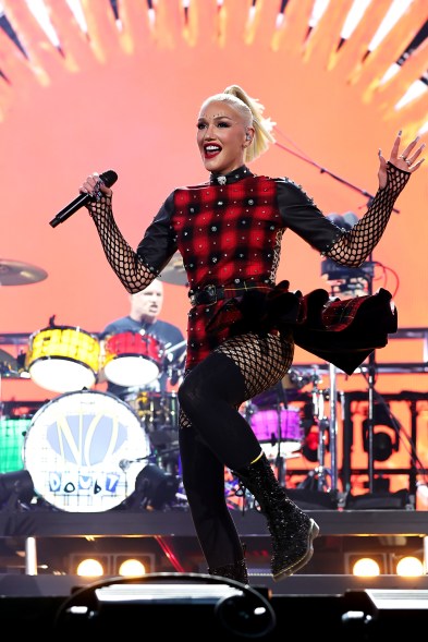 Adrian Young and Gwen Stefani of No Doubt perform at the Coachella Stage during the 2024 Coachella Valley Music and Arts Festival at Empire Polo Club on April 20, 2024