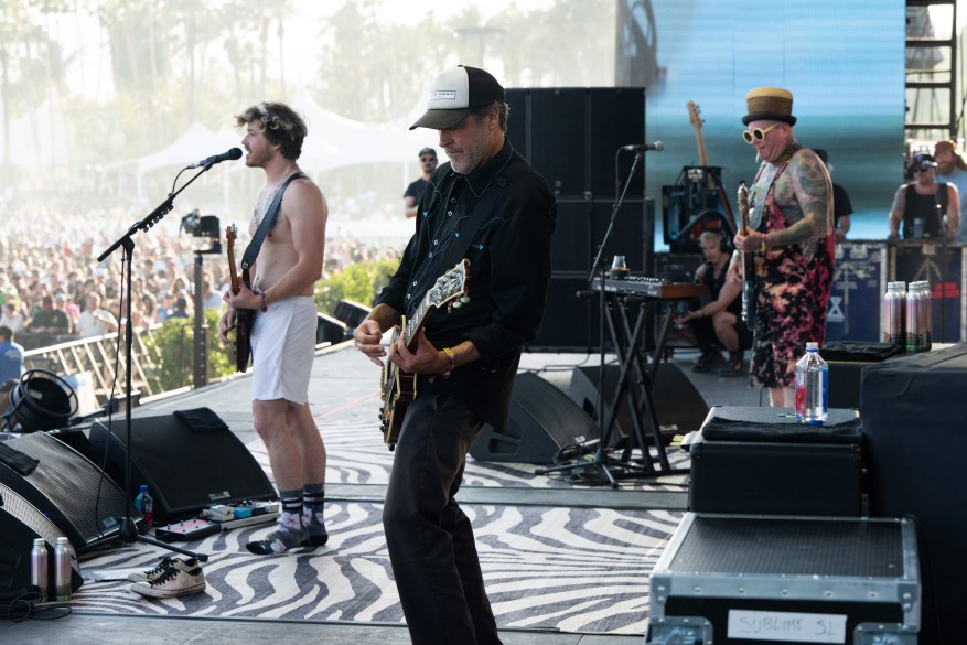 Bass player Eric Wilson, singer Jakob Nowell and guitarist Trey Pangborn of Sublime performs onstage during Weekend 2 - Day 2 of the Coachella Valley Music and Arts Festival at Empire Polo Club on April 20, 2024