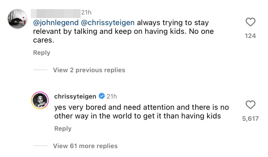 Chrissy Teigen Instagram comment screenshot