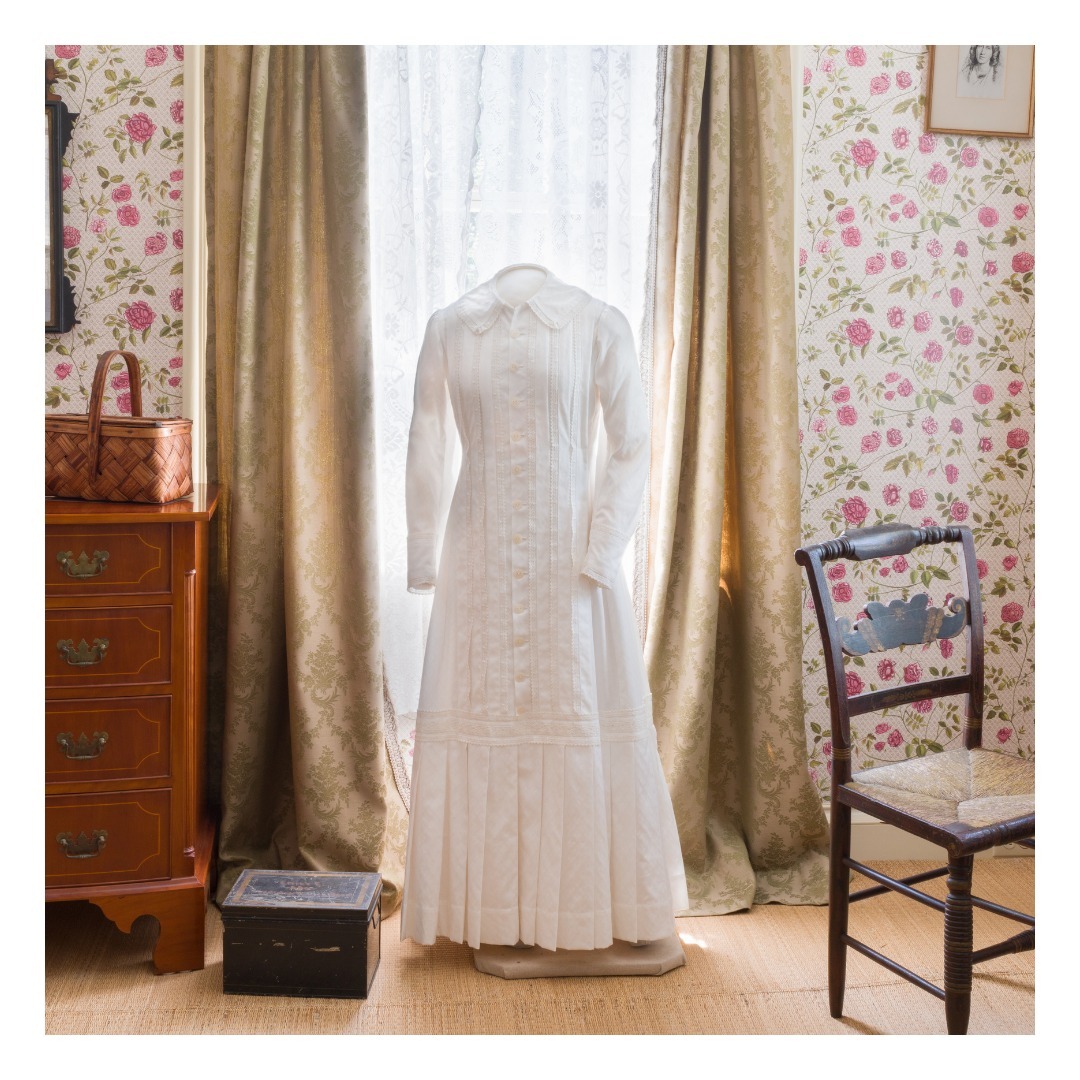 Emily Dickinson iconic white dress on display at the eponymous museum in Amherst, Mass. 